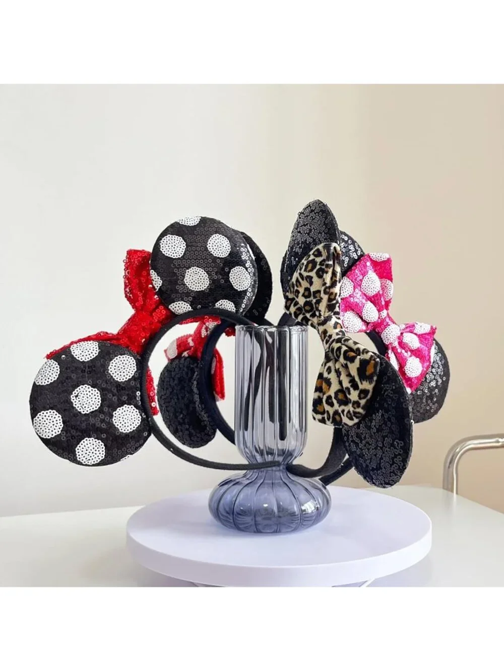 Women Red Bow 1 Sequin Polyester Shiny Bows Mickey Mouse Headband